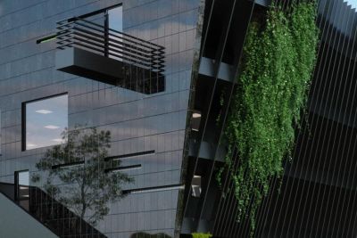 detal: balkon typu lufa z organicznym wodospadem / details: barrel balcony & the organic waterfall.