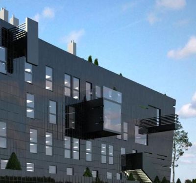 ZENGA Strommer - elewacja zach. i firmowe balkony / west elevation trademark & jaw, aquarium, barrel balconys.