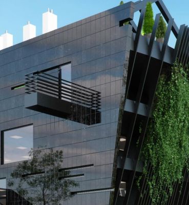 detal elewacji zachodniej - balkon typu lufa / barrel balcony as a detail of the west elevation.