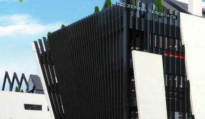 detal: zasłonięte tarasy z pochylonym balkonem typu żyleta / detail: covered terraces & trademark razor type balcony.