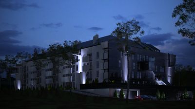 Widok sugestywnie podświetlonego budynku / A view of the lightining of the  building.