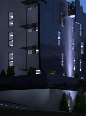 Widok sugestywnie podświetlonego budynku / A view of the lightining of the  building.